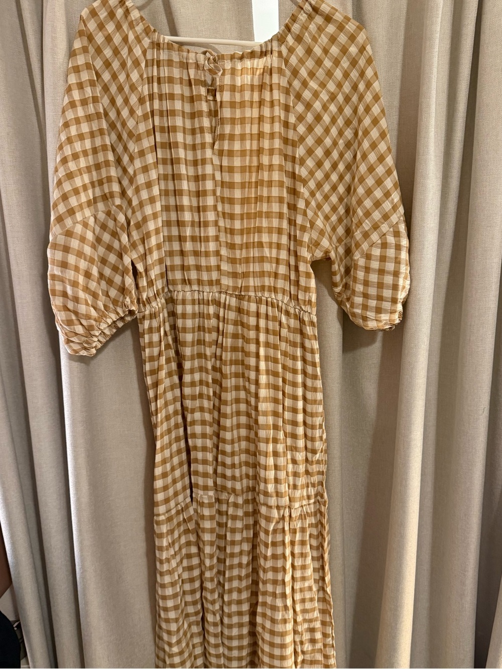 SHEIN Gingham Puff-Sleeve Midi Dress in Mustard Brown & White L - Picture 3 of 3
